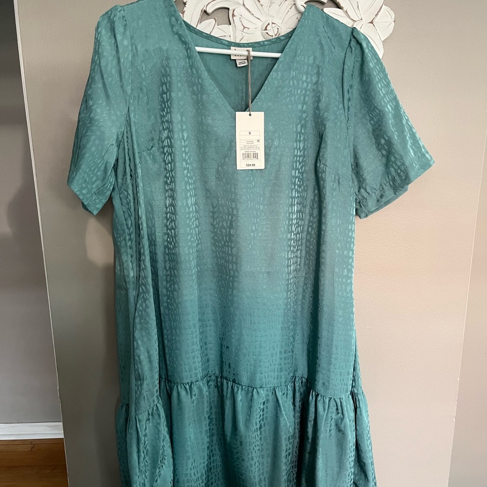 Never worn tags on teal dress with animal print - silk